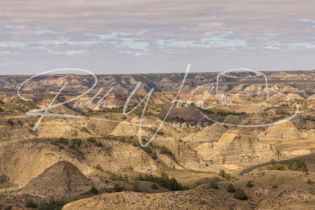 Badlands stretching to the horizon under a patterned sky